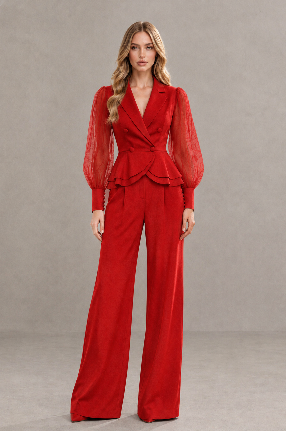 BOLODOO Mint Red Peplum Blazer Wide-Leg Pantsuit with Sheer Puff Sleeves - Red