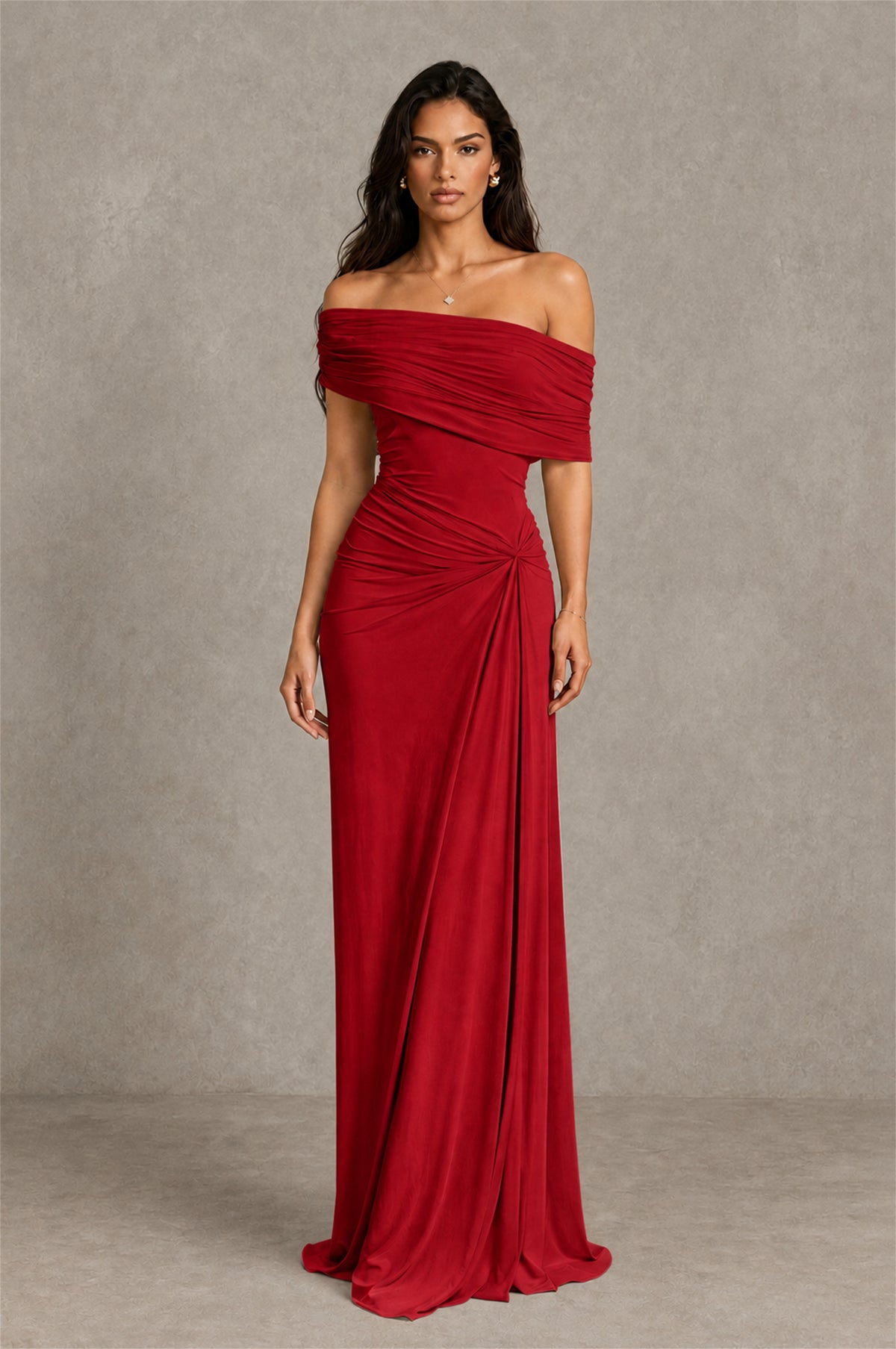 BOLODOO Red Off-Shoulder Ruched Maxi Dress - Red