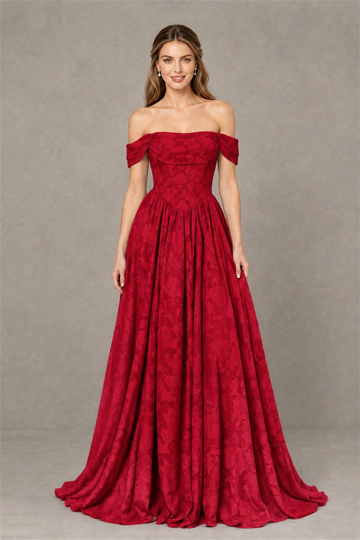 BOLODOO Red Off-Shoulder Floral A-Line Maxi Dress - Red