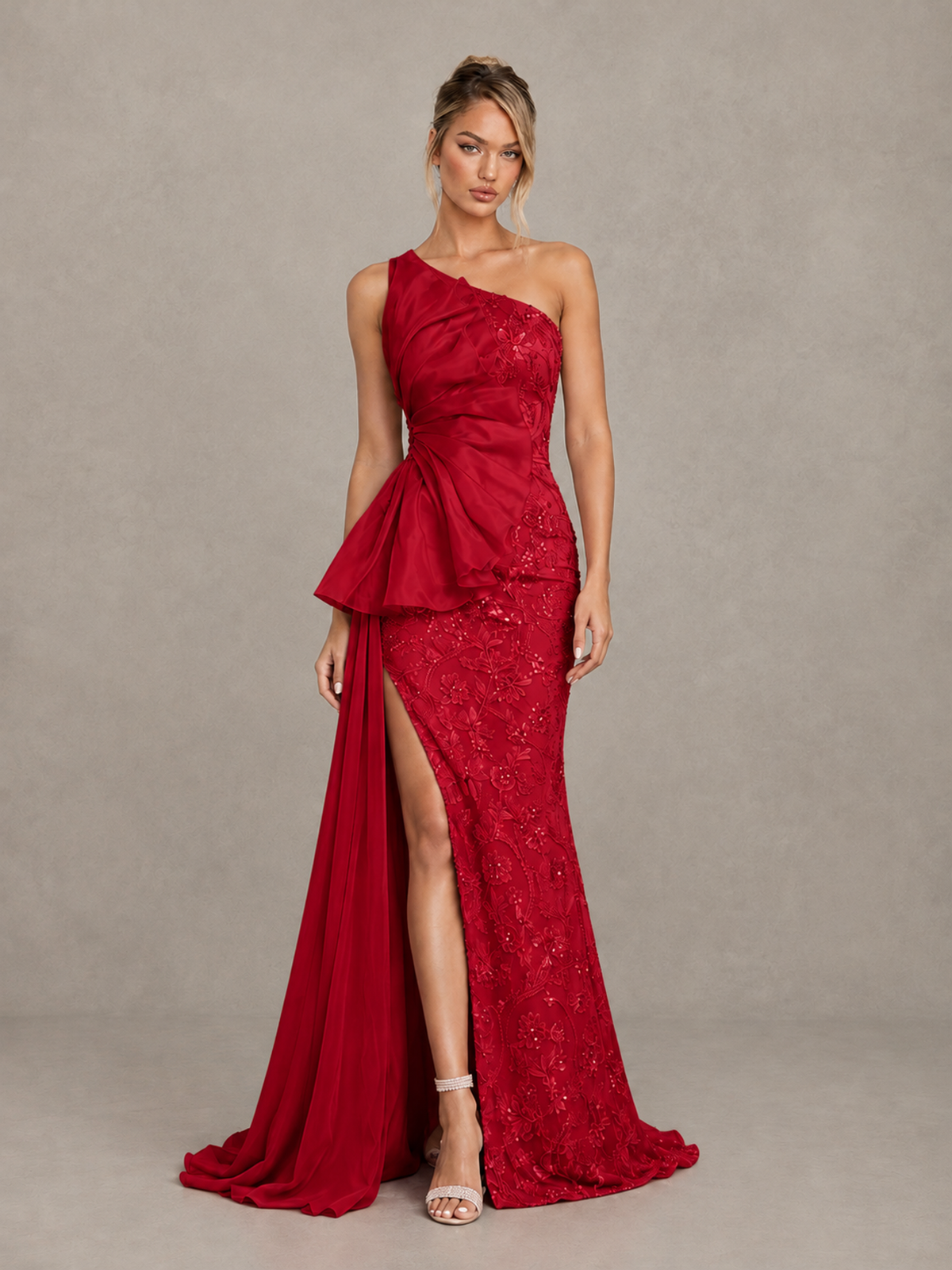 BOLODOO Red One-Shoulder Floral Lace Evening Gown with High Slit - Red - Red (1)