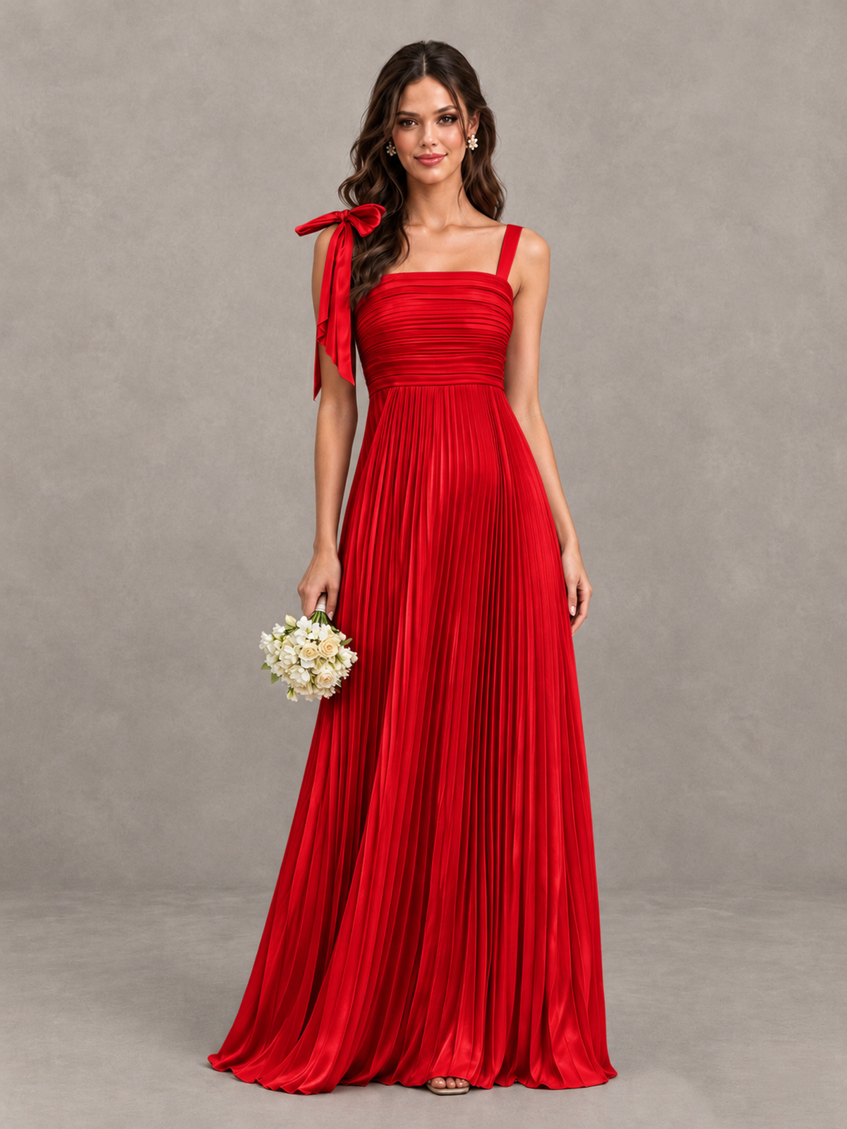 BOLODOO Red Pleated Bow-Strap Bridesmaid Maxi Dress - Red - Red (1)
