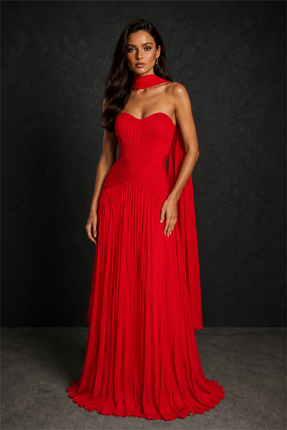 BOLODOO Red Sweetheart Strapless Neck Scarf Pleated Backless A-Line Chiffon Maxi Dress - Red