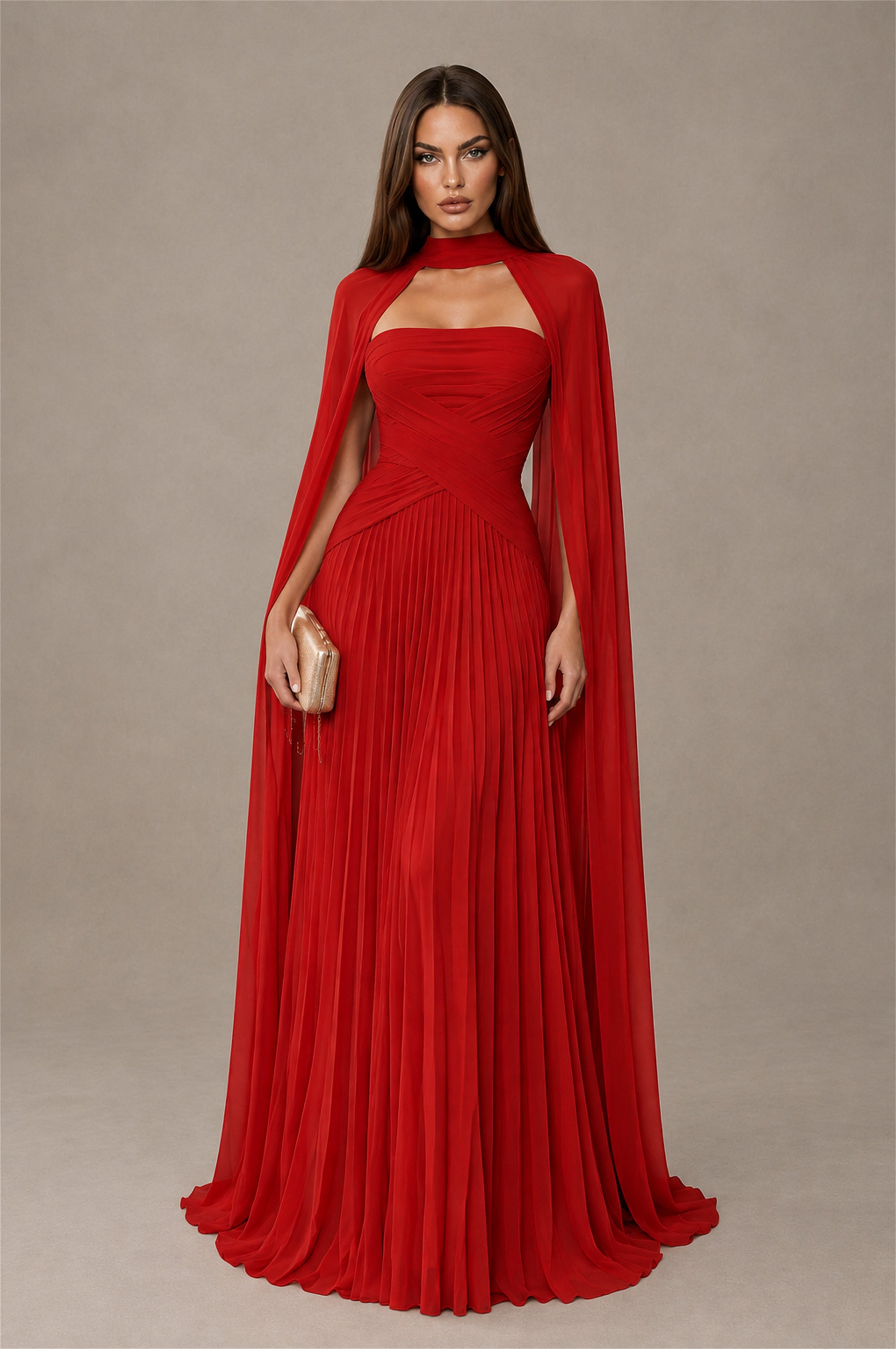 BOLODOO Red Strapless Cape Crossover Ruched Lace-Up Back Pleated ...
