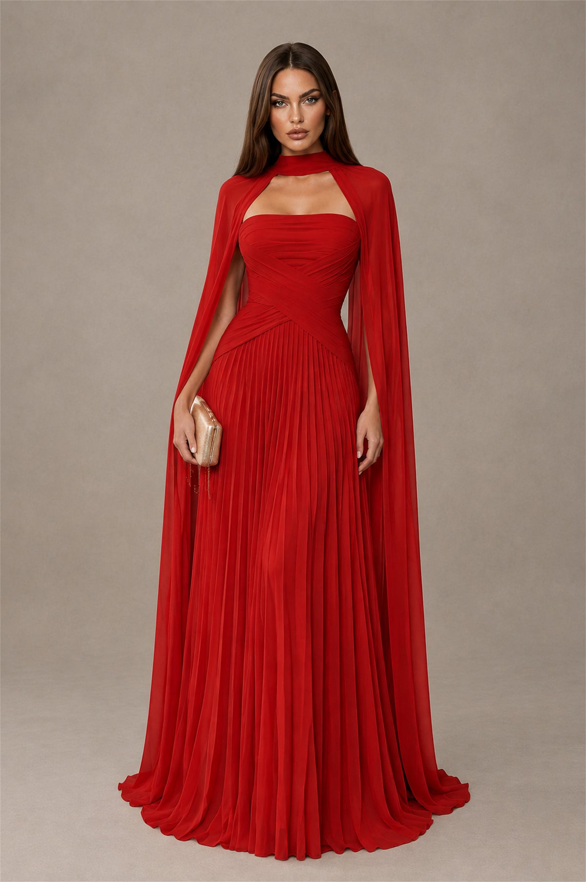 BOLODOO Red Strapless Crossover Ruched Bodice Detached Turtleneck Cape Lace-Up Back Pleated Chiffon Maxi Dress - Red