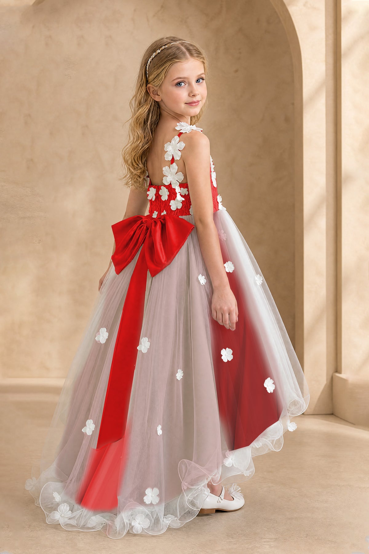 BOLODOO Red Flower Girl Dress with Floral Appliqué and High-Low Tulle Skirt - Red