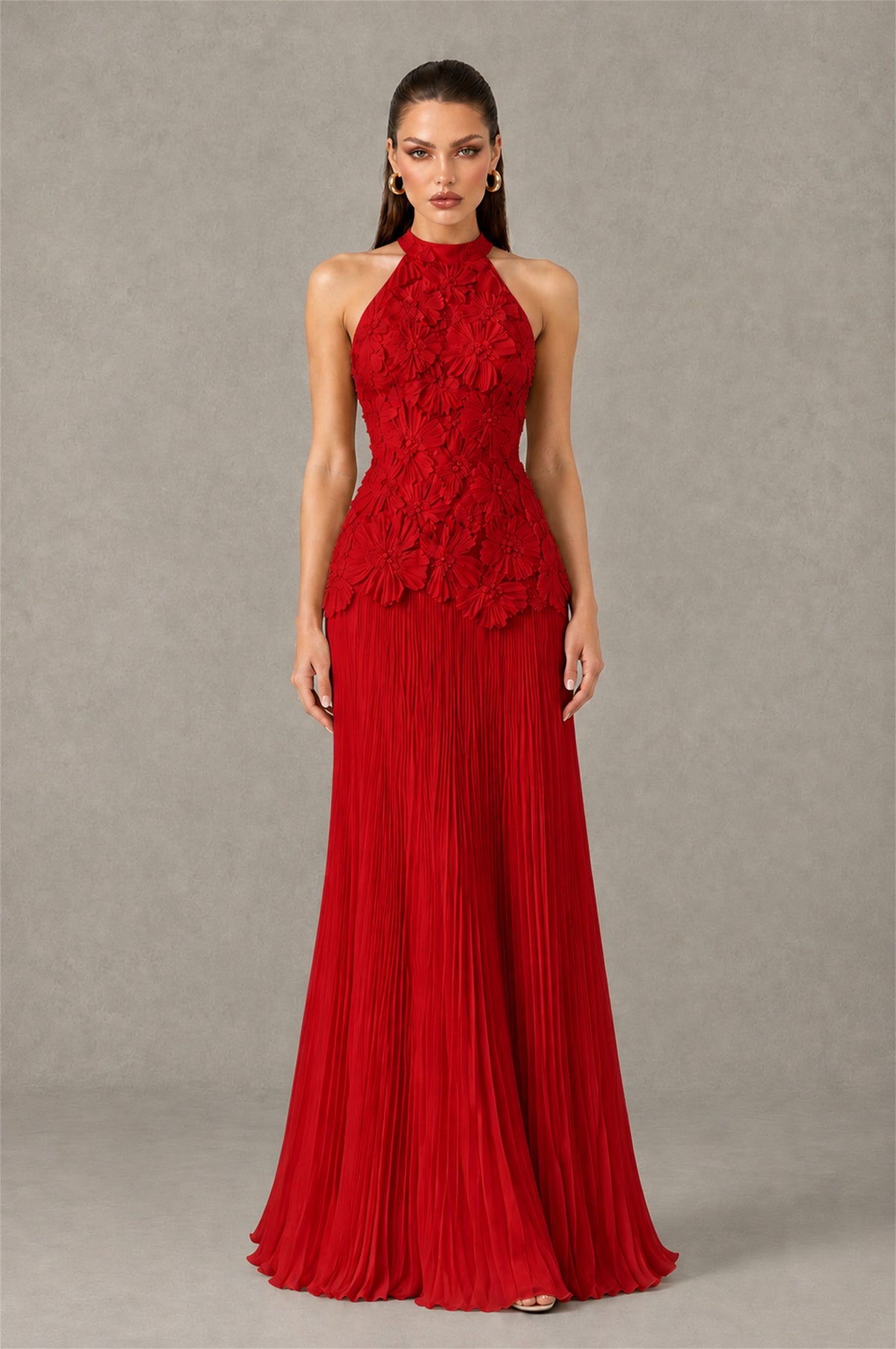 BOLODOO Red 3D Floral Applique Halter Neck Open Back Pleated Maxi Dress - Red