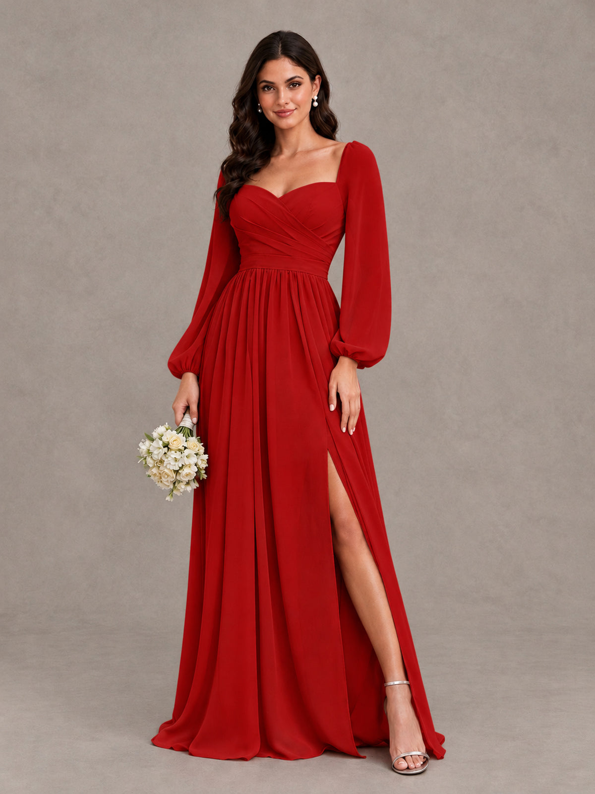 BOLODOO Red Long Sleeve Chiffon Bridesmaid Dress with Slit - Red - Red (1)
