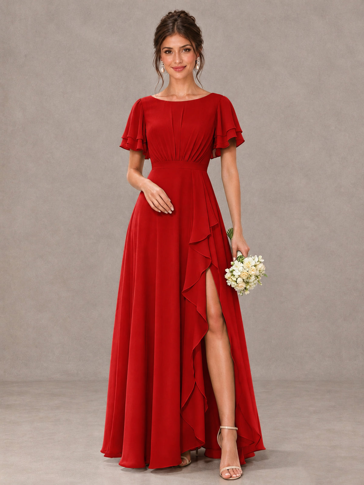 BOLODOO Red Flutter Sleeve Ruffle Bridesmaid Dress with Slit - Red - Red (1)