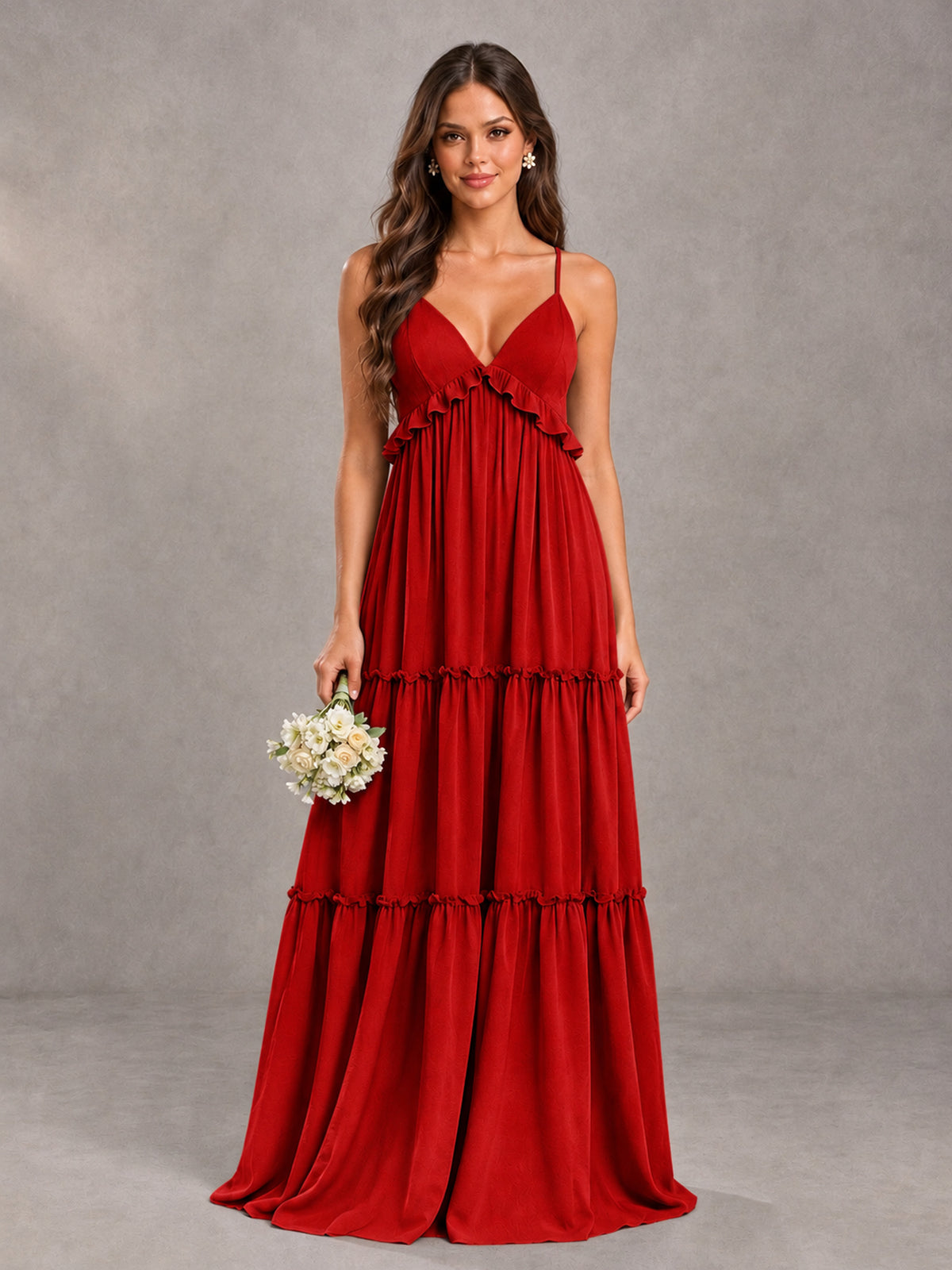 BOLODOO Red Tiered V-Neck Lace-Up Back Bridesmaid Dress - Red - Red (1)