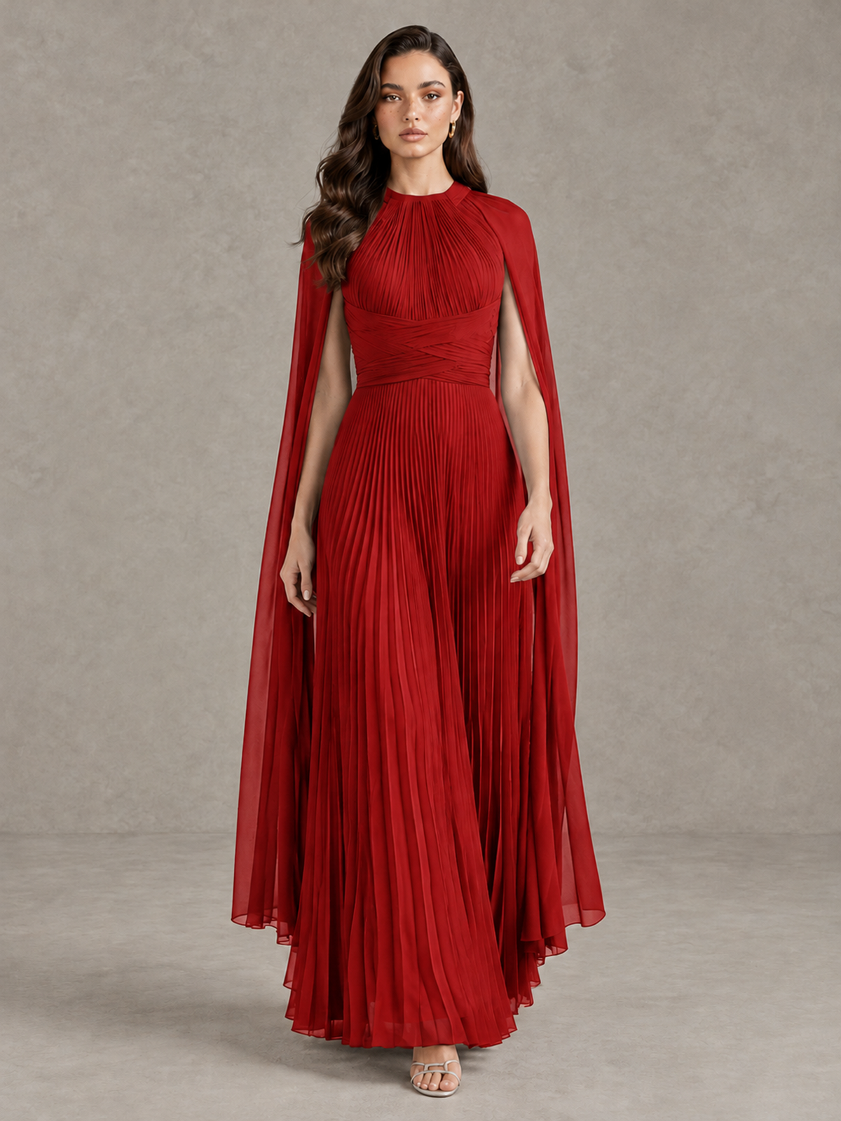 BOLODOO Red Pleated Cape Maxi Wedding Guest Dress - Red - Red (1)