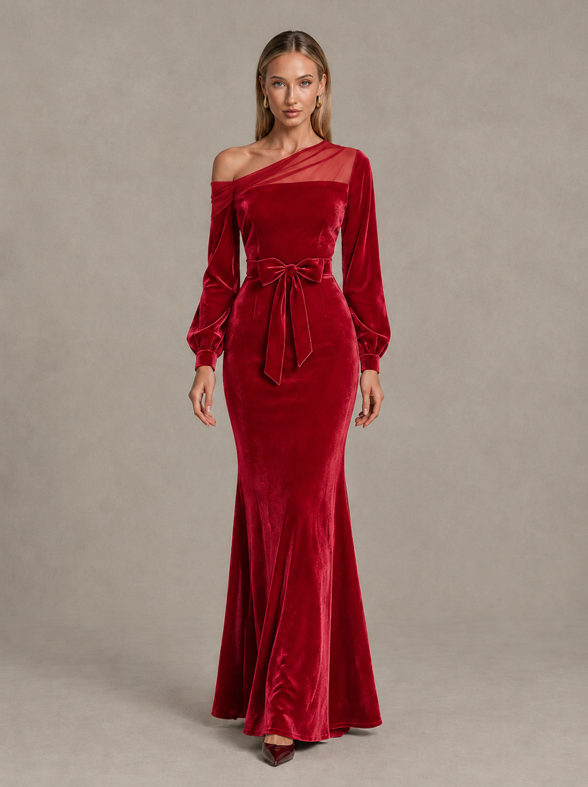 BOLODOO Red Velvet Mermaid Evening Dress with Long Sleeves - Red - Red (1)