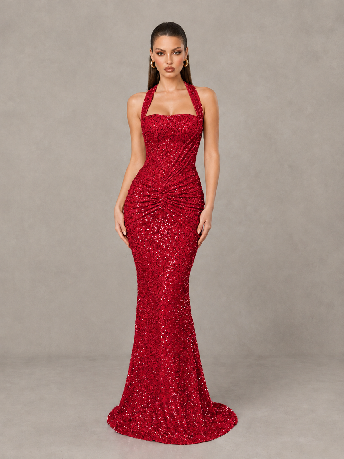 BOLODOO Red Sequin Halter Mermaid Evening Gown - Red - Red (1)