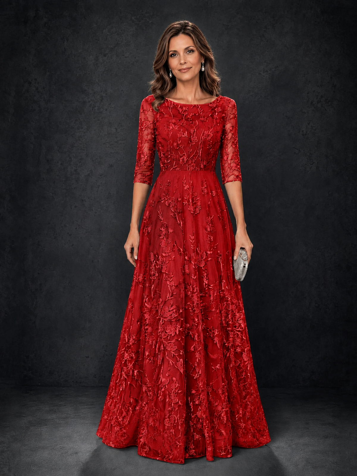 BOLODOO Red Illusion Bateau Neck 3/4 Sleeve Floral Lace A-Line Mother of the Bride Dress MX007 - Red