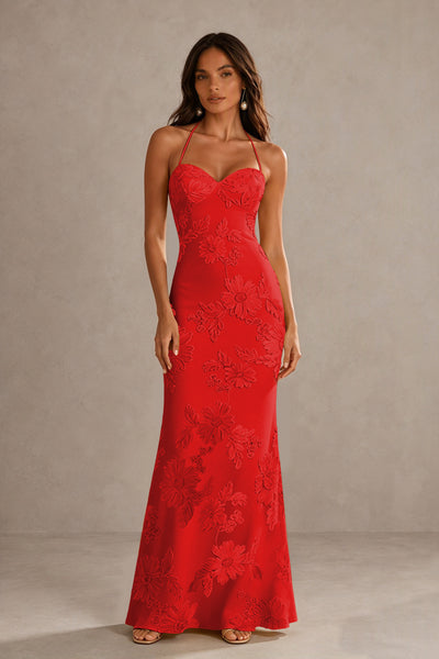 BOLODOO Red Halter Sweetheart Floral Embroidered Lace-Up Open Back Maxi Dress | BD0257 - Red