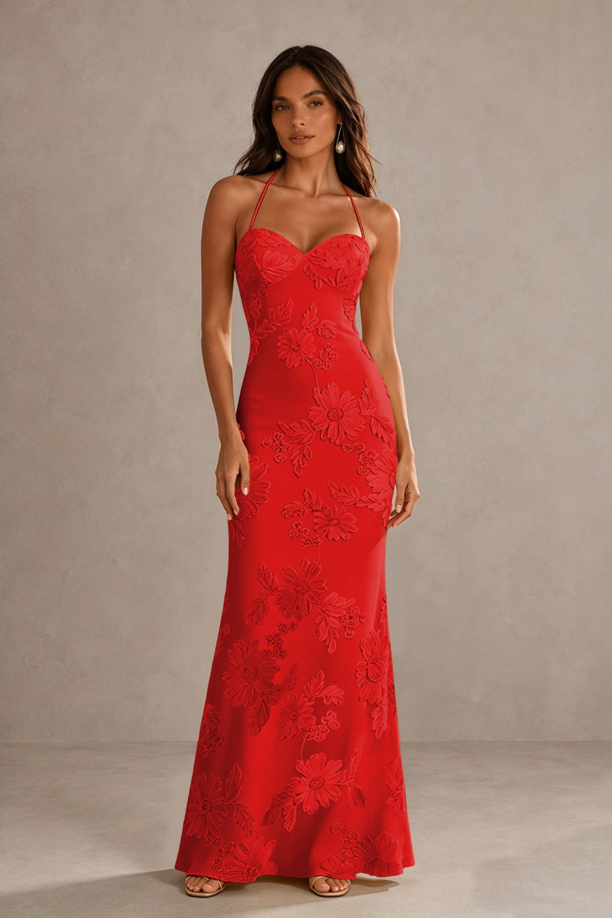 BOLODOO Red Halter Sweetheart Floral Embroidered Lace-Up Open Back Maxi Dress | BD0257 - Red