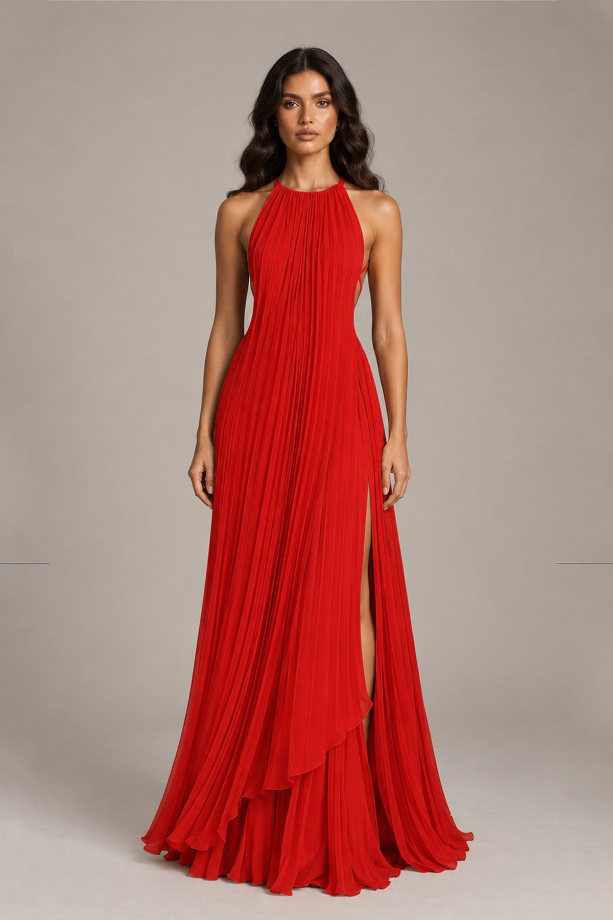 BOLODOO Red Halter Neck Pleated Chiffon Maxi Dress with Side Slit - Red