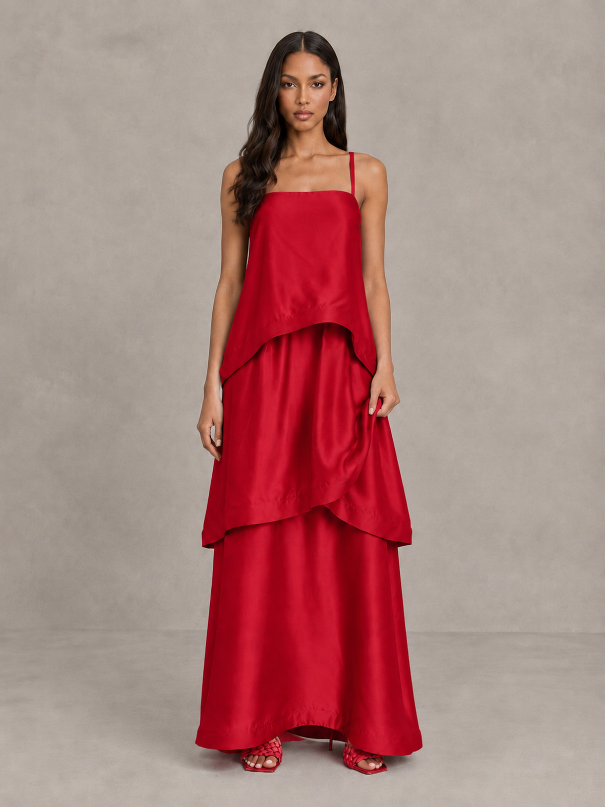 BOLODOO Red Satin Tiered Maxi Dress with Spaghetti Straps - Red