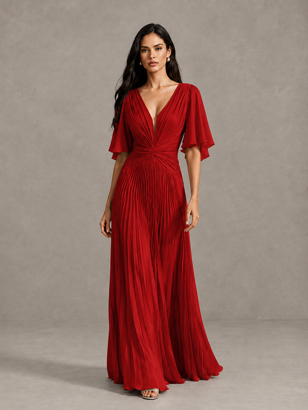 BOLODOO Red Pleated V-Neck Flutter Sleeve Bridesmaid Dress - Red - Red (1)