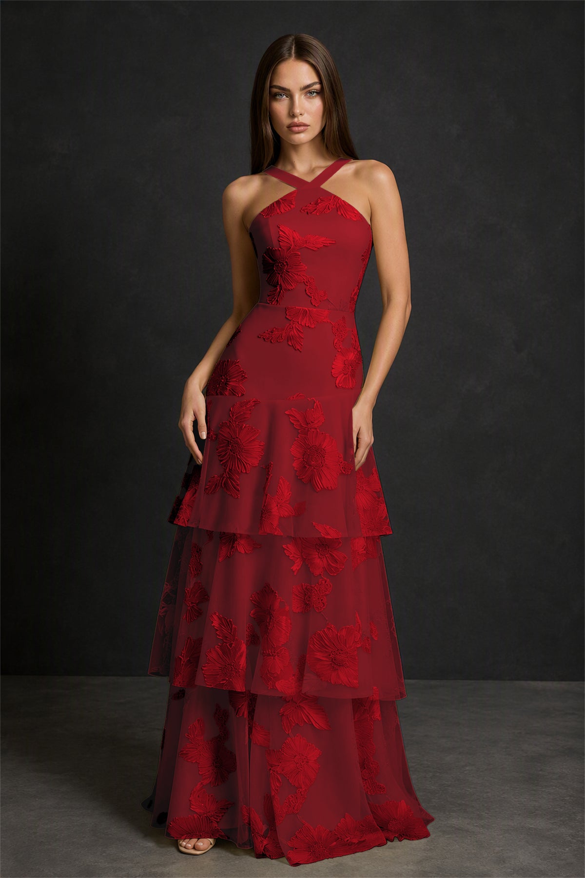 BOLODOO Red Crisscross Halter Neck Red Floral Embroidered Triple Tiered A-Line Tulle Maxi Dress - Red