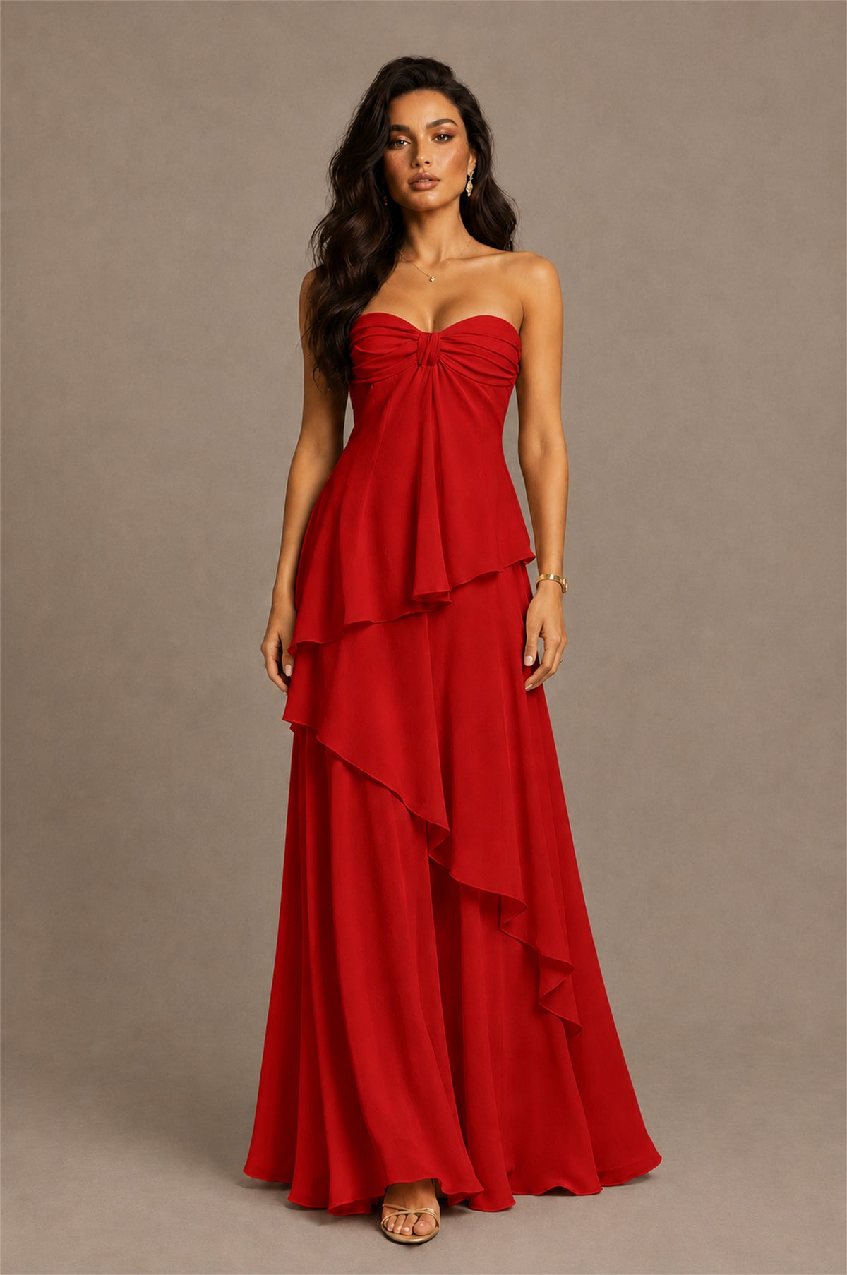 BOLODOO Red Strapless Sweetheart Knotted Chiffon Tiered Maxi Dress with Lace-Up Back - Red