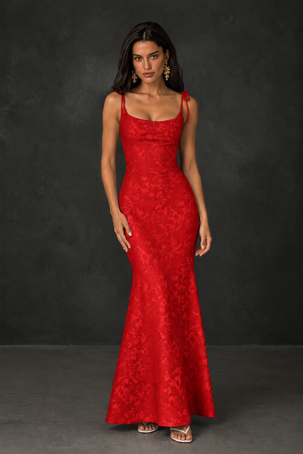 BOLODOO Red Scoop Neck Tie Strap Lace-Up Back Floral Jacquard Mermaid Maxi Dress - Red