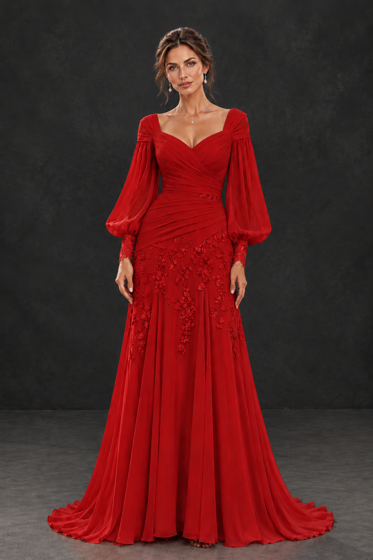 BOLODOO Red Long Sleeve Mother of the Bride Dress with Floral Appliqués - Red - Red (1)