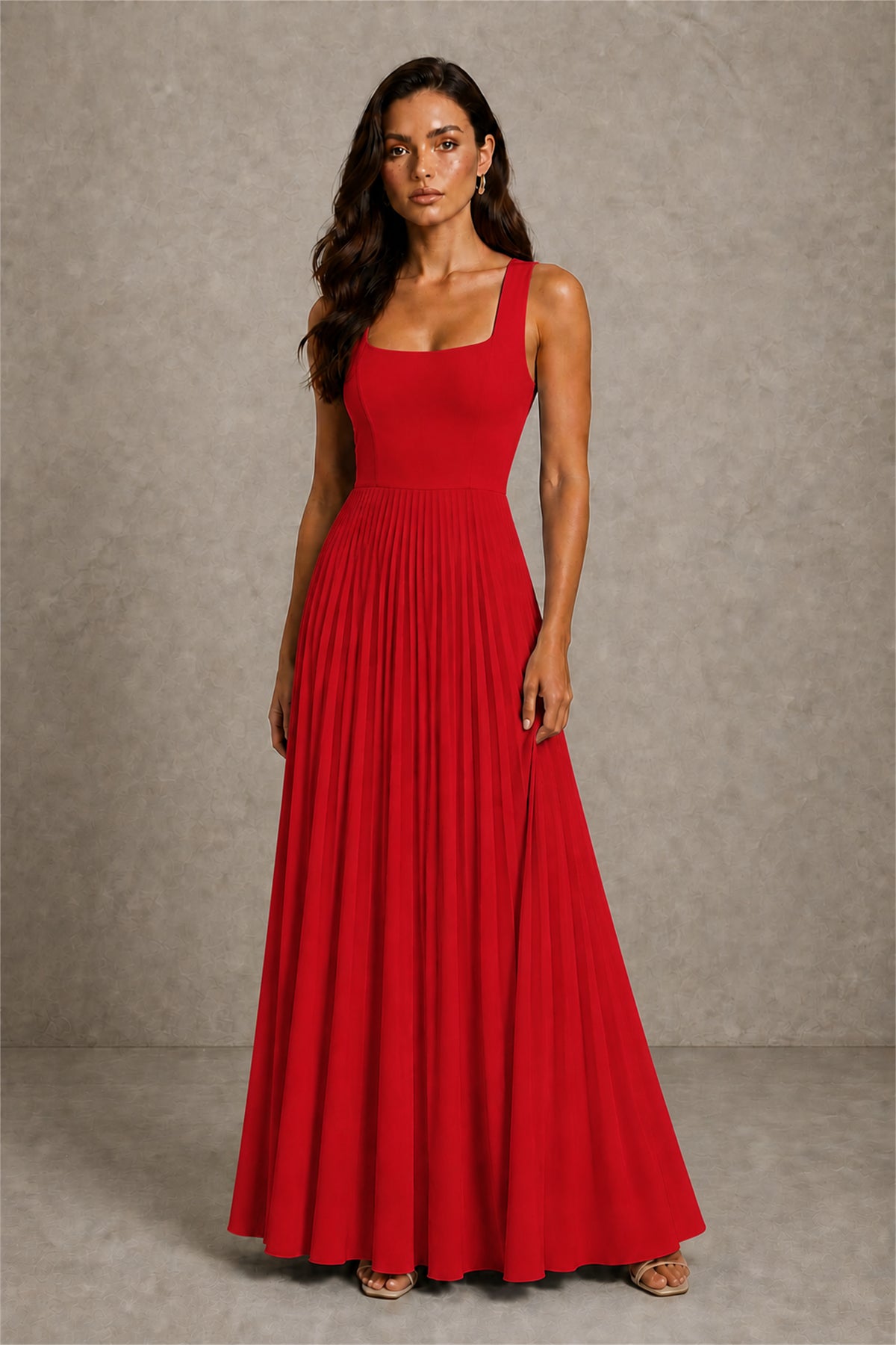 BOLODOO Red Square Neck Wide Strap Lace-Up Back Pleated A-Line Chiffon Maxi Dress - Red