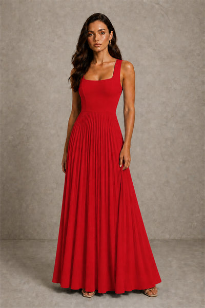 BOLODOO Red Square Neck Wide Strap Lace-Up Back Pleated A-Line Chiffon Maxi Dress - Red