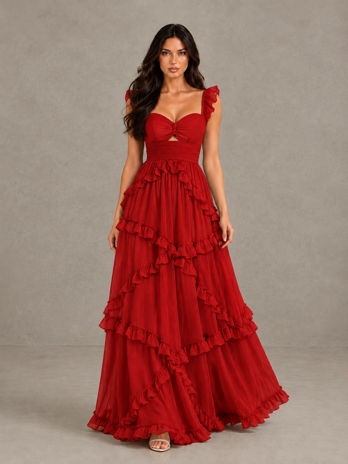 BOLODOO Red Ruffle A-Line Prom Dress with Open Back - Red - Red (1)