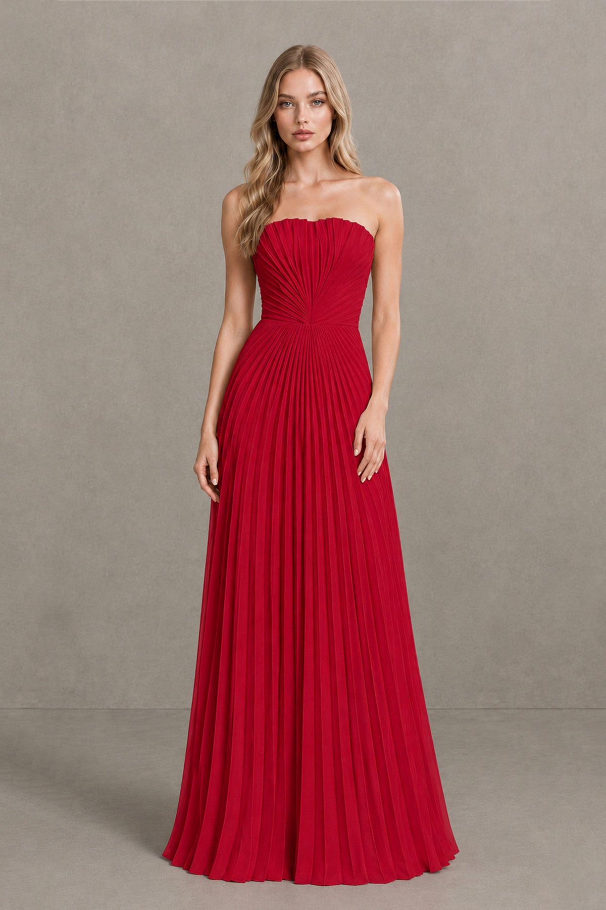 BOLODOO Red Strapless Sunburst Pleated Twisted Knot Lace-Up Back Accordion Pleated Chiffon Maxi Dress - Red