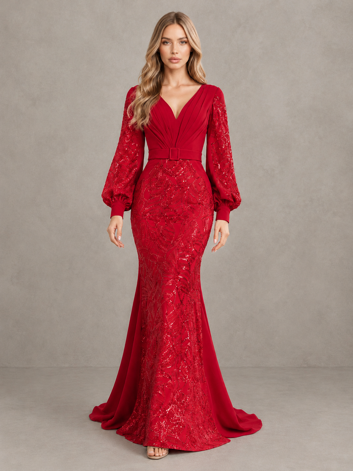 BOLODOO Red Sequin Long Bishop Sleeve Mermaid Evening Dress - Red - Red (1)