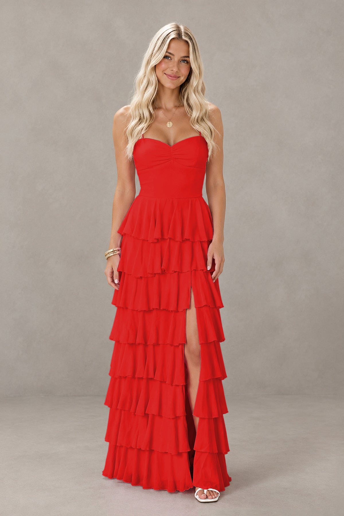 BOLODOO Red Strapless Tiered Ruffle Maxi Dress with Slit & Lace-Up Back - Red