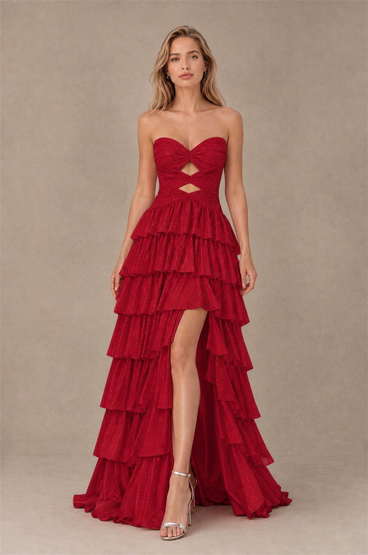 BOLODOO Red Strapless Cutout Tiered Ruffle Prom Dress with High Slit - Red - Red (1)