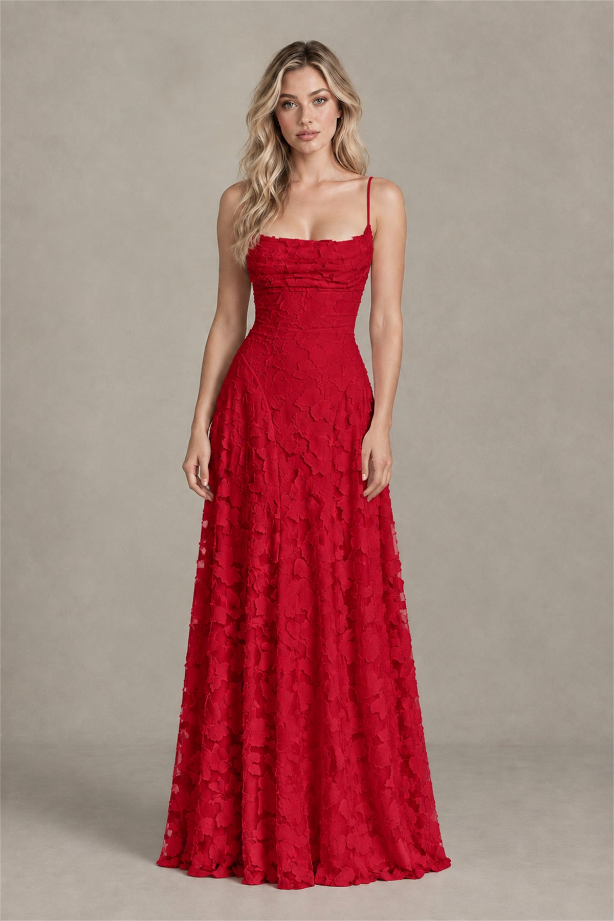 BOLODOO Red Floral Appliqué Lace-Up Back Maxi Dress - Red