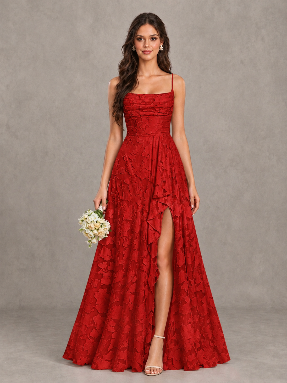 BOLODOO Red Floral Appliqué Slit Maxi Dress - Red - Red (1)