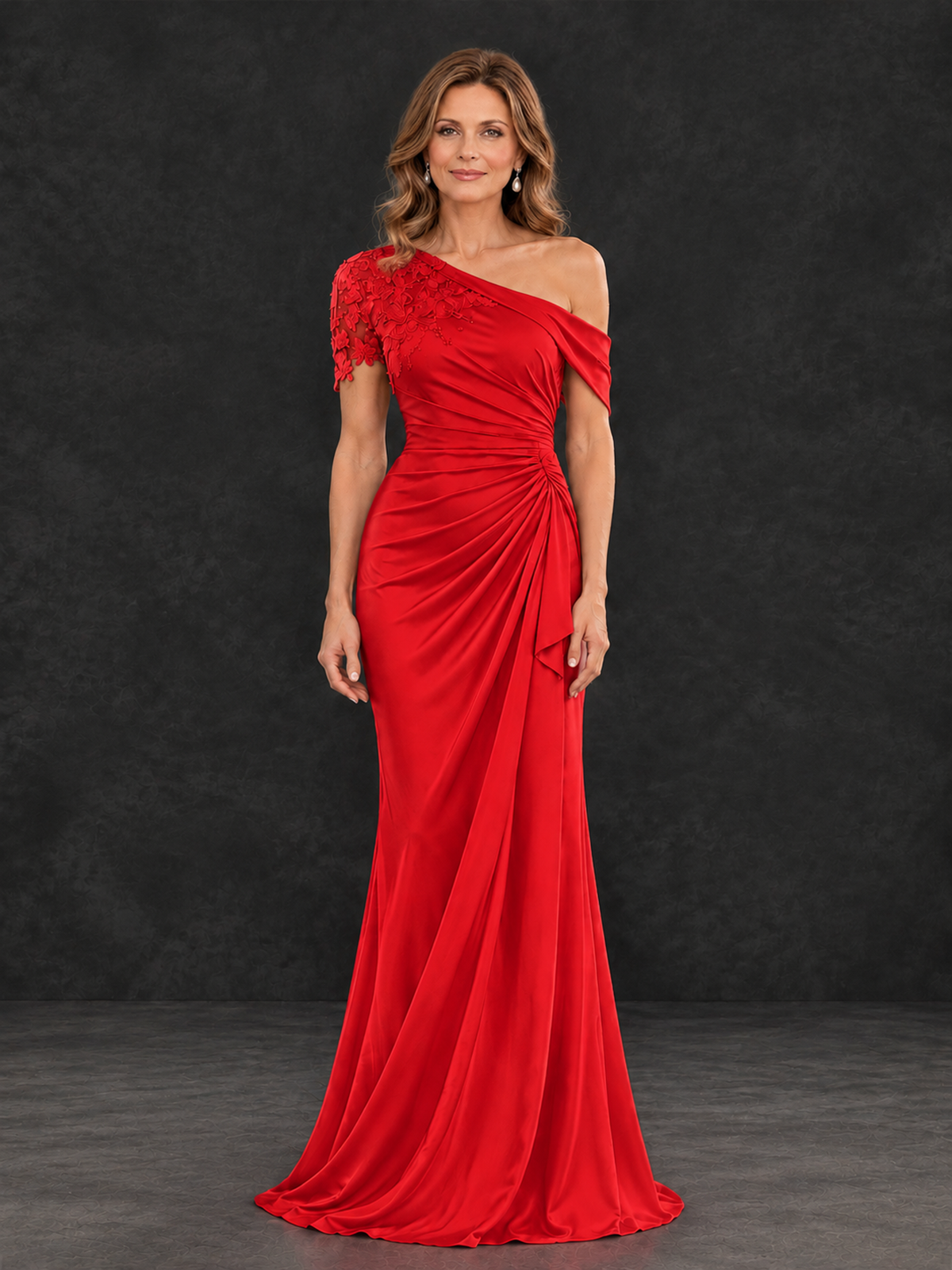 BOLODOO Red Asymmetric Satin Mother of the Bride Dress with Lace Sleeve - Red - Red (1)