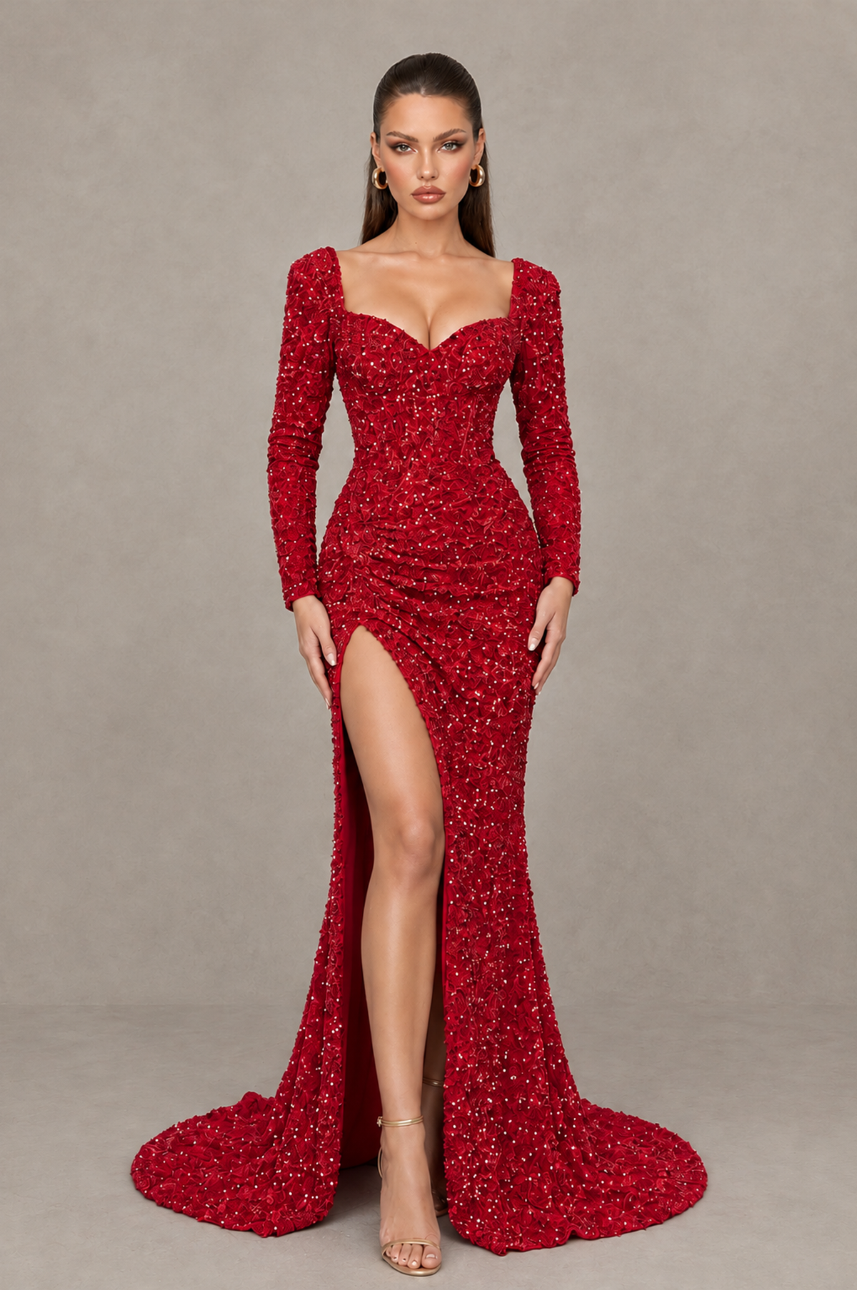 BOLODOO Red Sequin Long Sleeve Evening Gown with High Slit - Red - Red (1)