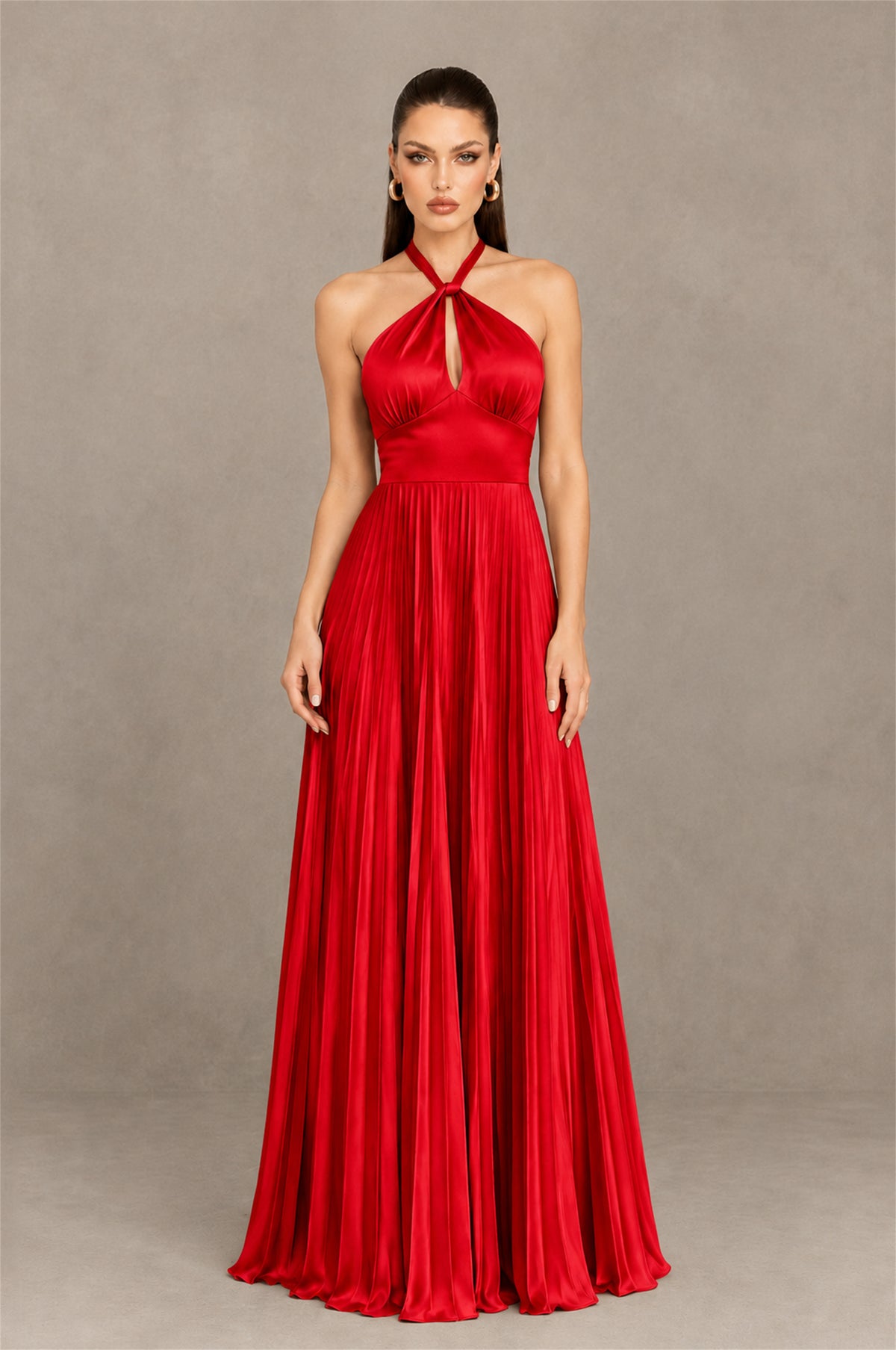 BOLODOO Red Halter Pleated A-Line Evening Dress - Red - Red (1)