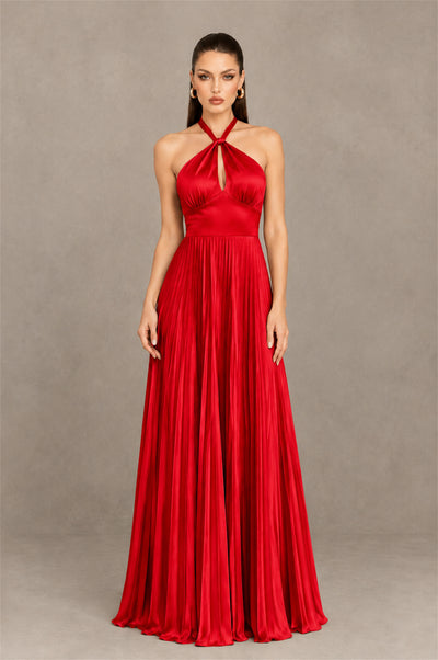 BOLODOO Red Halter Pleated A-Line Evening Dress - Red - Red (1)