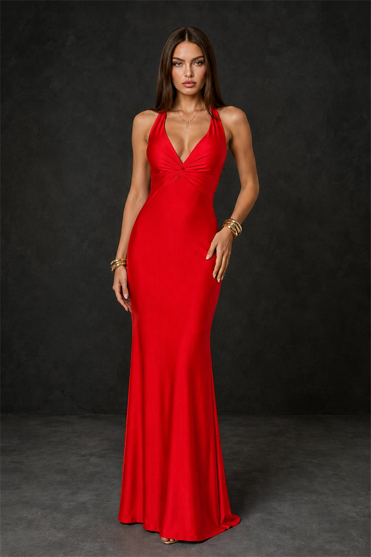 BOLODOO Red Deep V Neck Twisted Knot Multi-Strap Halter Open Back Satin Mermaid Maxi Dress - Red