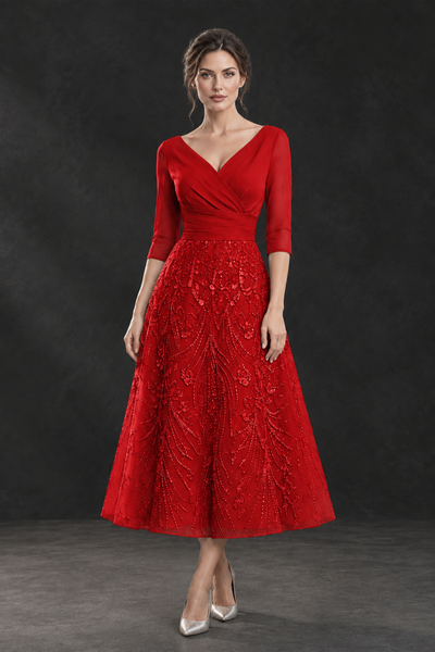 BOLODOO Red V-Neck Tea-Length Lace Mother of the Bride Dress - Red