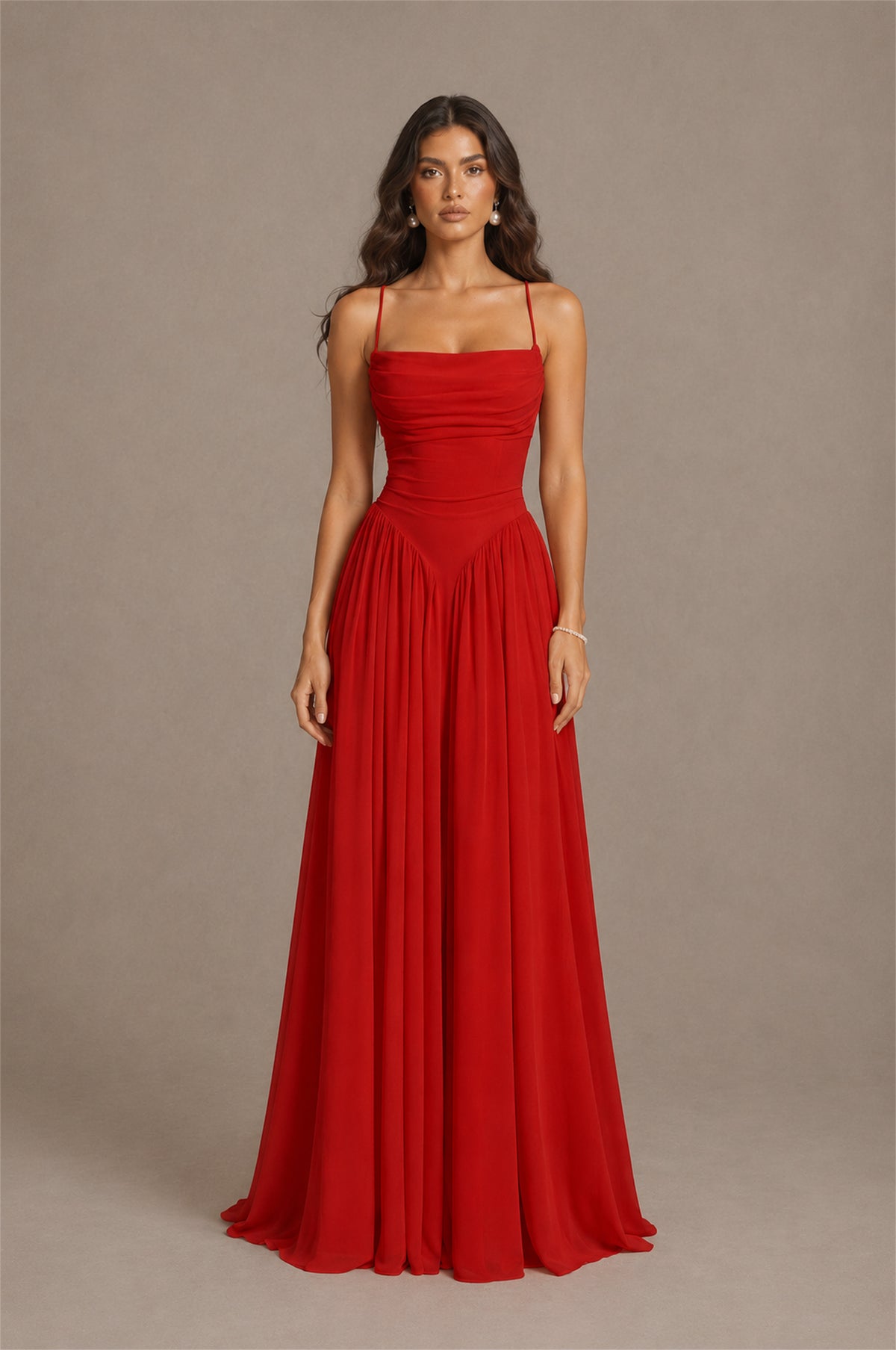 BOLODOO Red Spaghetti Strap Square Neck Ruched Chiffon Maxi Dress with Lace-Up Back - Red