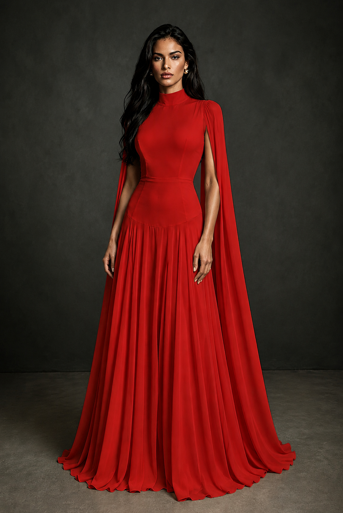 BOLODOO Red Mock Neck Cape Sleeve A-Line Chiffon Maxi Dress - Red