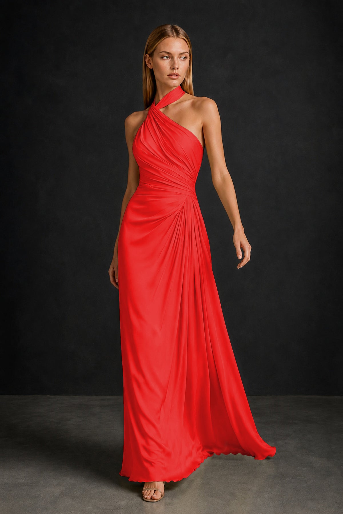 BOLODOO Red Twisted Halter Neck Ruched Sleeveless Open Back Floor-Length Gown - Red