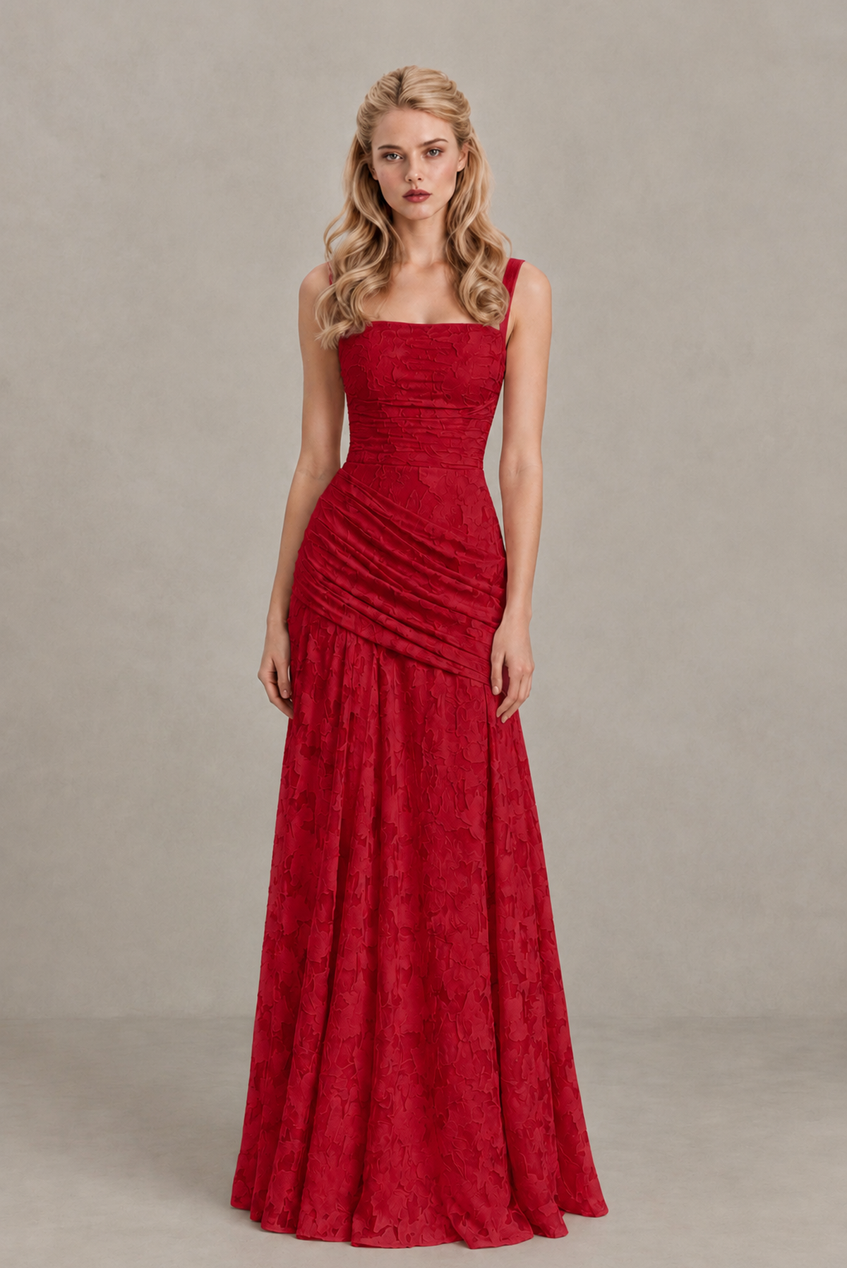 BOLODOO Red Ruched Floral Maxi Dress with Lace-Up Back - Red