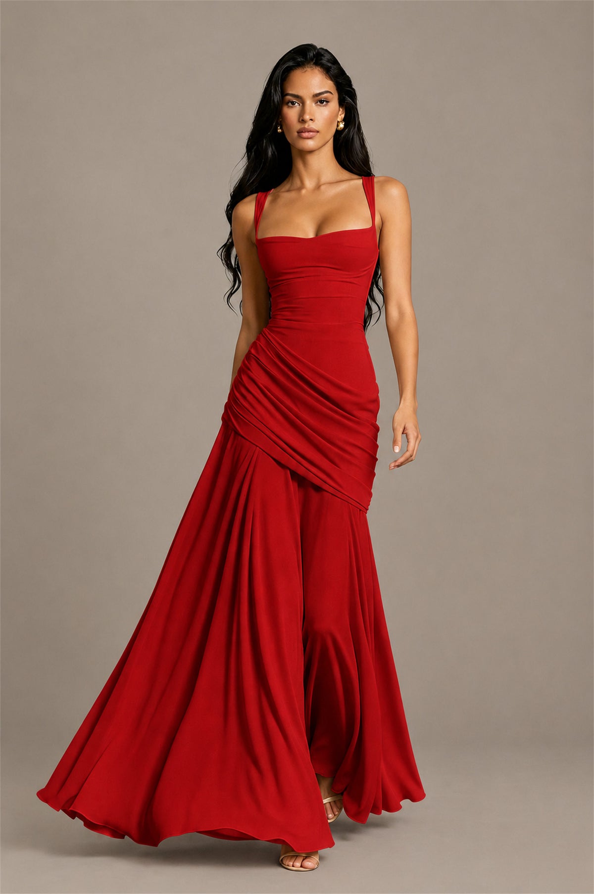 BOLODOO Square Neck Ruched A-Line Maxi Dress - Red Backless Evening Gown - Red