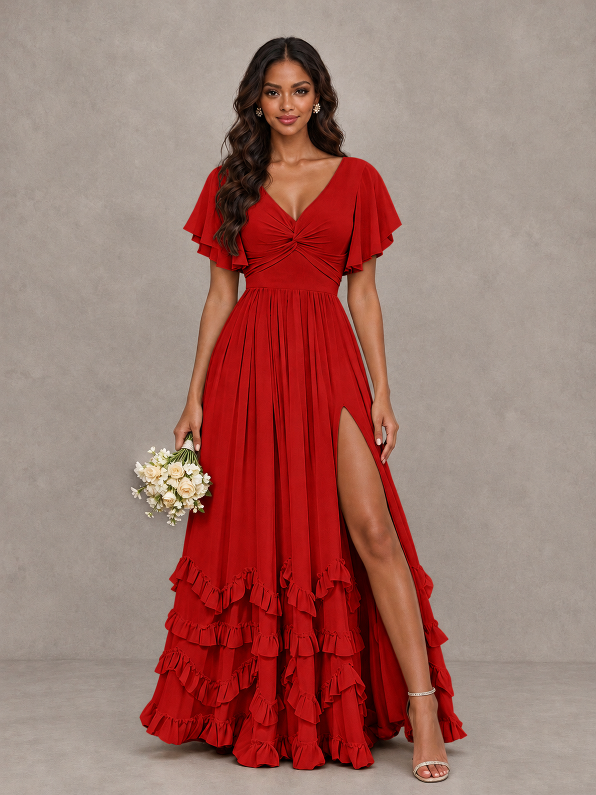 BOLODOO Red V-Neck Flutter Sleeve Ruffle Bridesmaid Dress with Slit - Red - Red (1)