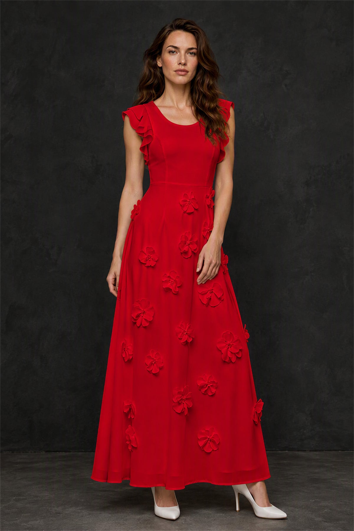 BOLODOO Red Scoop Neck Flutter Sleeve 3D Floral Appliqué A-Line Chiffon Maxi Dress - Red