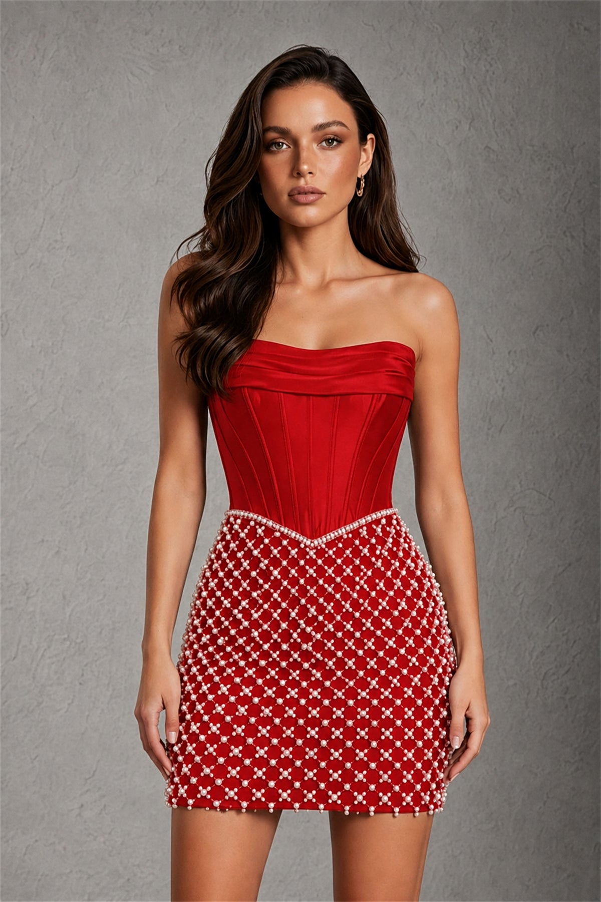 BOLODOO Red Strapless Boned Corset Mini Dress Red Geometric Beaded Skirt Lace-Up Back BD0355 - Red