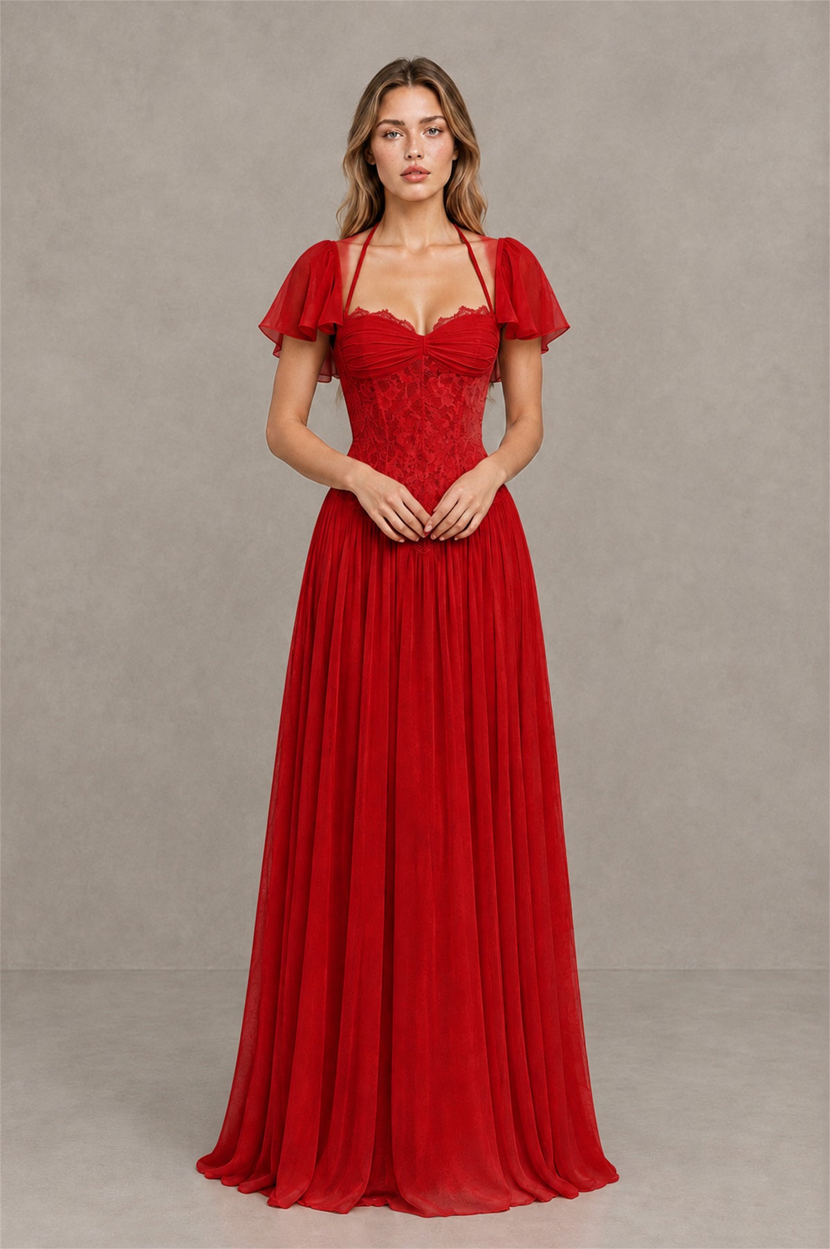 BOLODOO Red Flutter Sleeve Lace Corset A-Line Maxi Dress - Red - Red (1)